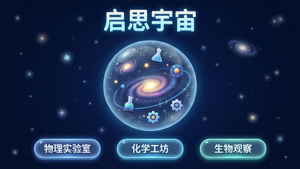 启思宇宙软件主界面展示,画面中央悬浮着一个发光的透明宇宙球体,球体内部有微缩的星系与实验仪器图标旋转,背景是深邃的深蓝色星空,点缀着柔和的星光。布局采用居中对称构图,上方是亮色标题“启思宇宙”,下方排列着“物理实验室”“化学工坊”“生物观察”三个发光按钮。风格为科技感与卡通元素融合,细节上按钮边缘有柔光,球体表面有细微的电路纹理。画质清晰,干净,无多余元素。