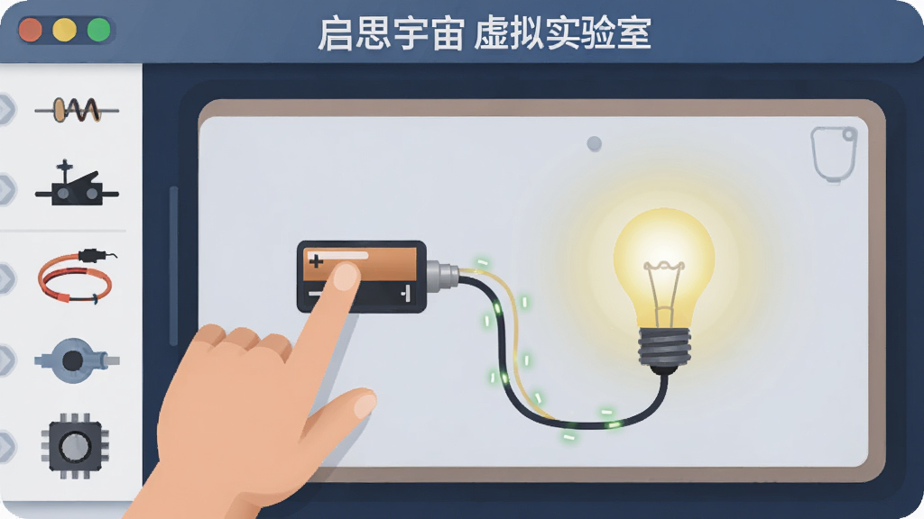 启思宇宙虚拟实验室操作界面,画面中一只手正触摸屏幕拖动一个电池元件连接到灯泡上,灯泡发出明亮光芒。布局为左侧工具栏排列着电阻、开关、导线等图标,右侧是实验台区域。风格为扁平化教学插画风,细节上导线有流动的电流光点,灯泡光晕柔和。画质清晰,干净,无多余元素。