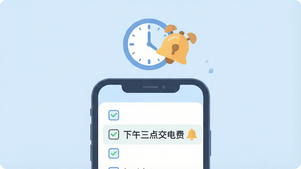 一幅表现阿保宝信息记录与提醒功能的插画,画面中央是一部手机,屏幕显示一条待办事项列表,列表项前有复选框,其中一条标注“下午三点交电费”并带有铃铛提醒图标,手机上方漂浮一个时钟与铃铛组合的图标,背景为柔和的浅蓝色,整体布局简洁,风格清新扁平,细节上文字清晰、图标圆润,画质高清,画面干净,无多余元素
