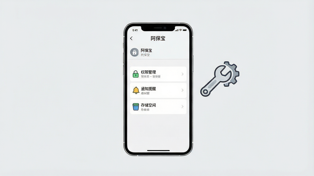 一幅表现阿保宝移动端使用攻略的插画,画面中央是一部竖屏手机,屏幕显示阿保宝的设置界面,界面中有“权限管理”“通知提醒”“存储空间”等选项,手机旁边漂浮着一个扳手和齿轮组合的图标,背景为浅灰色,整体布局以手机为中心,风格简约科技感,细节上界面文字清晰、图标线条利落,画质高清,画面干净,无多余元素