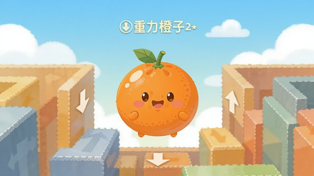 画面中央是一个圆润饱满的橙色橙子角色,悬浮在由几何方块构成的立体迷宫通道中,四周有箭头指示重力方向变化,背景是渐变的浅蓝色天空与白色云朵,整体采用扁平卡通风格,色彩明快干净,橙子表面有细腻的高光与阴影质感,画面布局居中对称,留白充足,画质清晰无多余元素,图中带有文字