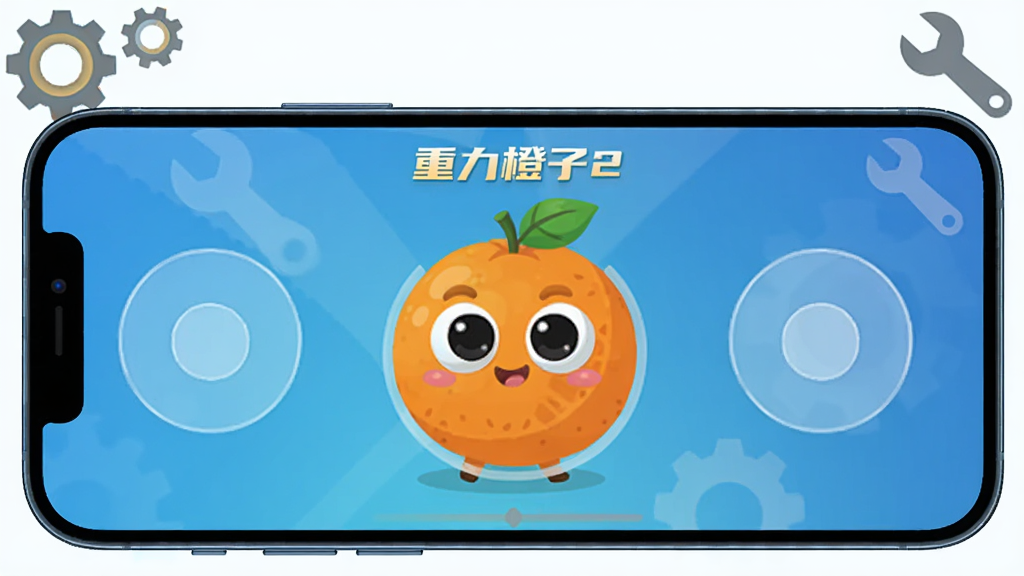一部智能手机横屏显示重力橙子2的游戏画面,画面中橙子角色位于屏幕中央,左右两侧有半透明的触控指示圈,背景是简约的蓝色渐变,手机周围有齿轮和扳手图标代表设置与优化,整体风格为科技插画,布局清晰,画质干净,图中带有文字