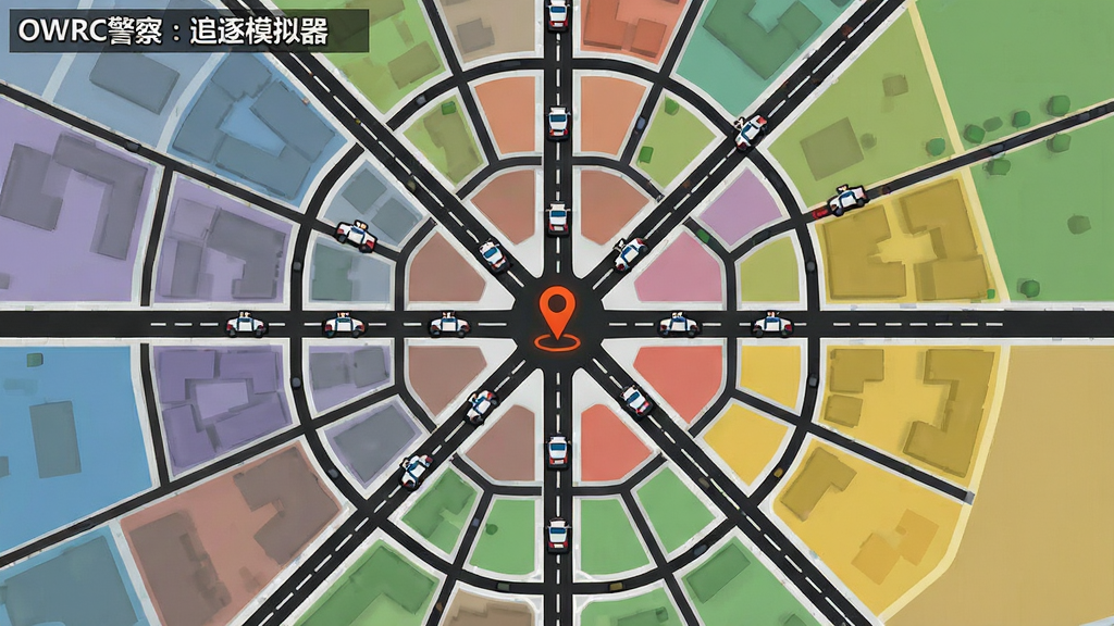 俯瞰视角的开放世界城市地图,画面主体为纵横交错的道路网与警车图标,布局采用中心向外辐射的排版方式,风格为游戏内小地图界面风格,细节包括高亮标记的追捕目标、主干道与支路区分、不同区域的色块划分,画质清晰,画面干净,无多余元素,画面中文字标注为“OWRC警察:追逐模拟器”