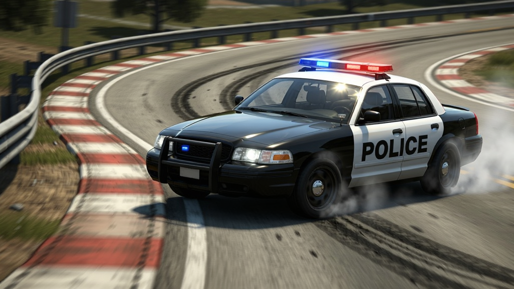 警车在弯道处进行漂移过弯的特写镜头,画面主体为正在侧滑的警车与地面轮胎痕迹,布局将车辆置于画面中央偏右,排版注重动感线条的引导,风格为赛车游戏写实渲染风格,细节包括车身反光、轮胎烟雾、路肩震动模糊,画质高清,画面干净,无多余元素,画面中无文字