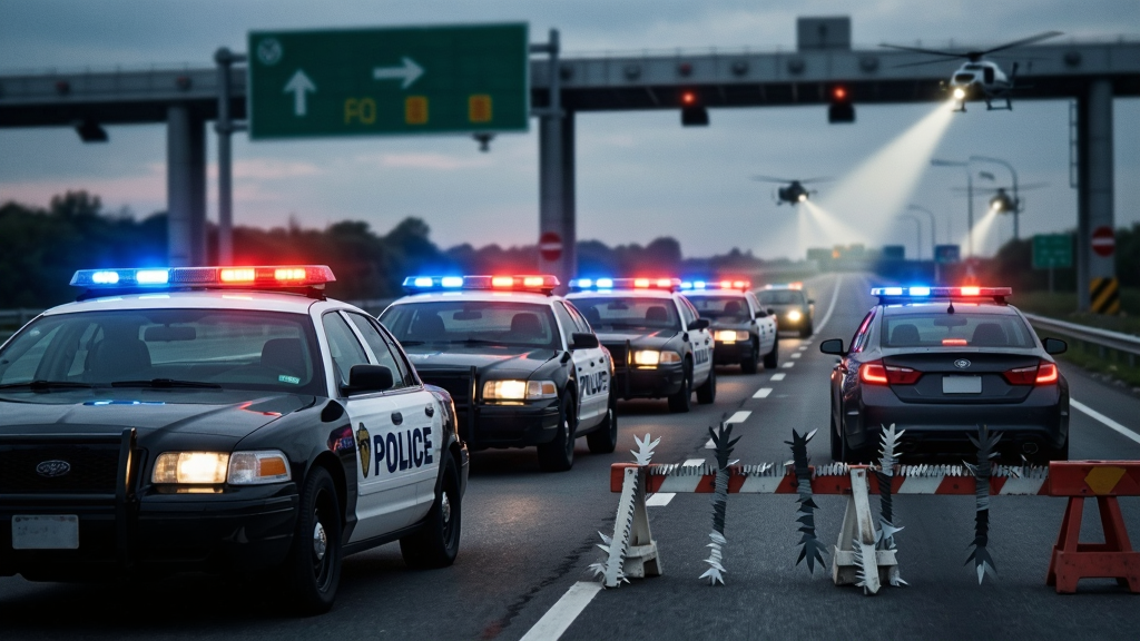 多辆警车在高速公路出口设置路障拦截嫌疑车辆的场景,画面主体为警车队列与前方被堵截的车辆,布局采用横向展开的排版,风格为动作电影海报风格,细节包括警灯闪烁、路障钉刺带、远处直升机探照灯,画质高清,画面干净,无多余元素,画面中无文字