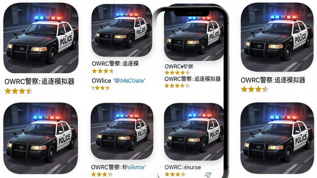 多款警察追逐类游戏图标排列在手机屏幕上的合成图,画面主体为手机界面与游戏图标,布局采用网格排版,风格为应用商店推荐页风格,细节包括每款游戏图标的警车元素、星级评分标识,画质清晰,画面干净,无多余元素,画面中文字标注为“OWRC警察:追逐模拟器”