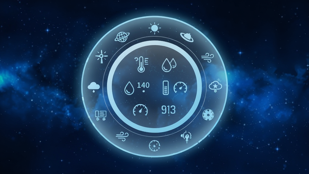 主体是一个悬浮在星空中的半透明圆形气象站控制面板,面板上显示温度、湿度、风速等图标,布局为居中大圆盘,周围环绕细小的气象符号,排版简洁对称,风格为科技感与宇宙星空融合的扁平化设计,细节包括深蓝色渐变背景、微弱星光点缀、面板边缘有淡蓝色光晕,画质高清干净,无多余元素,画面中不出现任何文字