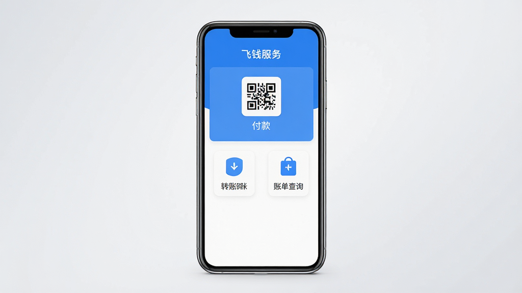 飞钱服务移动应用主界面截图,画面中央展示手机屏幕,屏幕内呈现蓝色与白色为主色调的支付界面布局,包含付款码、转账、账单查询等功能图标,背景为简洁的浅灰色渐变,整体风格现代商务,画质清晰干净,无多余元素