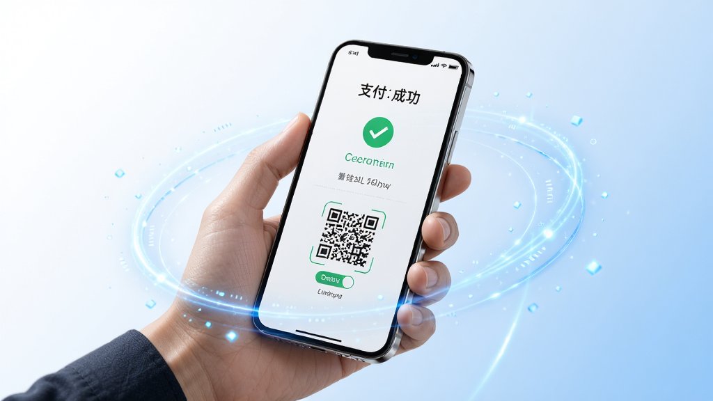 飞钱服务支付功能展示图,画面主体为手持手机进行扫码支付的场景,手机屏幕显示支付成功界面,周围有抽象的蓝色光效环绕,背景为简约的白色与浅蓝色渐变,风格科技感十足,细节清晰,画质高清,无杂乱元素