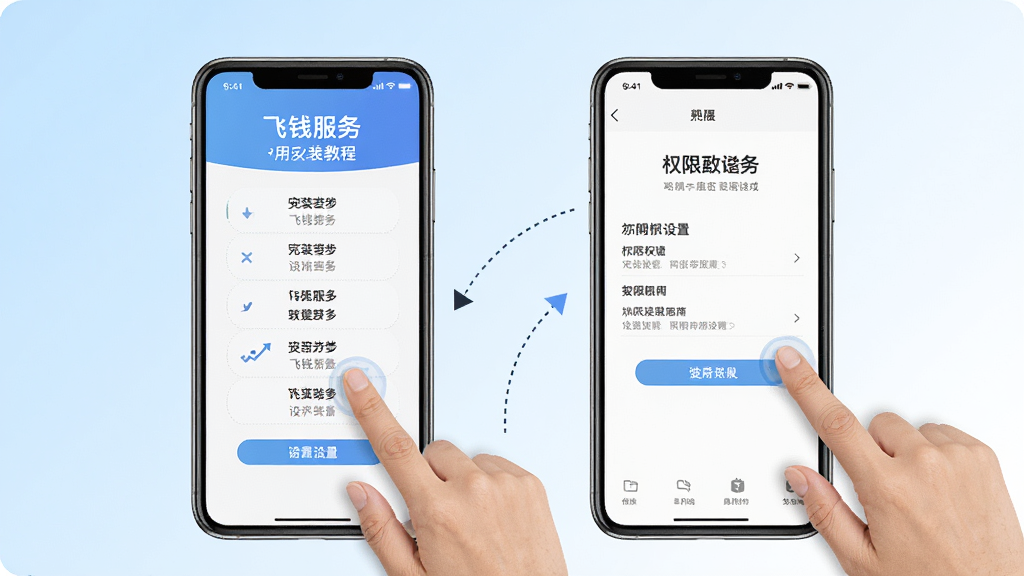 飞钱服务使用教程示意图,画面展示手机屏幕内安装步骤和权限设置界面,旁边有手指点击操作的示意,背景为浅蓝色与白色渐变,风格简洁明快,细节清晰,画质高清,无多余元素