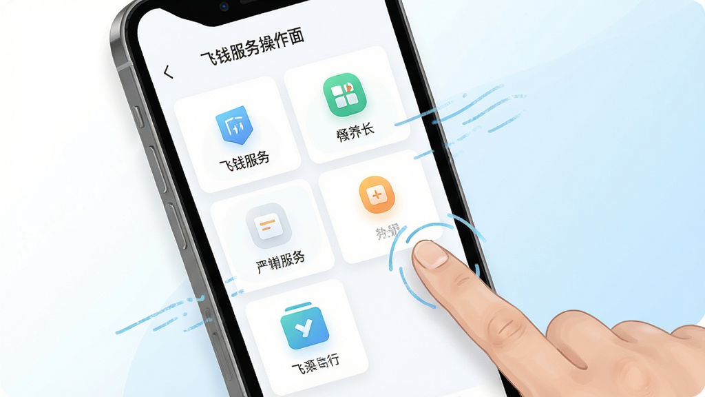 飞钱服务操作界面展示图,画面展示手机屏幕内清晰的功能分区和图标排列,屏幕旁有手指点击操作的示意线条,背景为白色与浅蓝色过渡,风格清新简约,画质干净,无多余元素