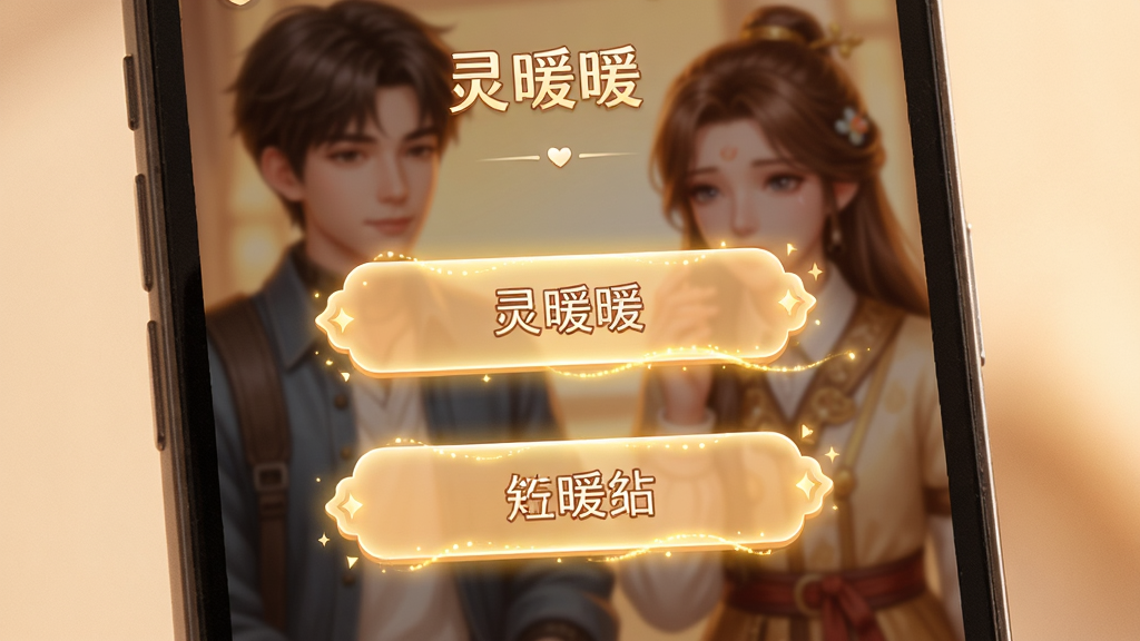 一张展示“灵暖暖”互动剧情选择界面的图片,主体为手机屏幕中显示两个对话选项按钮,背景是剧中人物,布局为特写手机屏幕,风格为温暖光影下的UI界面,细节包括按钮上的文字和装饰光效,画质高清,画面干净,无多余元素