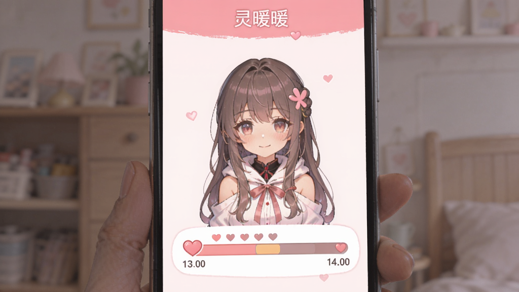 一张“灵暖暖”角色好感度养成界面的图片,主体为手机屏幕中显示一位动漫风格角色的半身像和心形好感度进度条,布局为居中对齐,风格为柔和粉色调的二次元插画风,细节包括进度条上的爱心图标和数值,画质清晰,画面干净,无多余元素