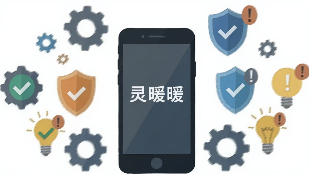 一张以“灵暖暖”使用技巧为主题的扁平化插图,主体为一部手机和周围漂浮的齿轮、盾牌、灯泡图标,布局为围绕手机环形排列,风格为简洁商务风,细节包括图标上的对勾和感叹号,画质清晰,画面干净,无多余元素