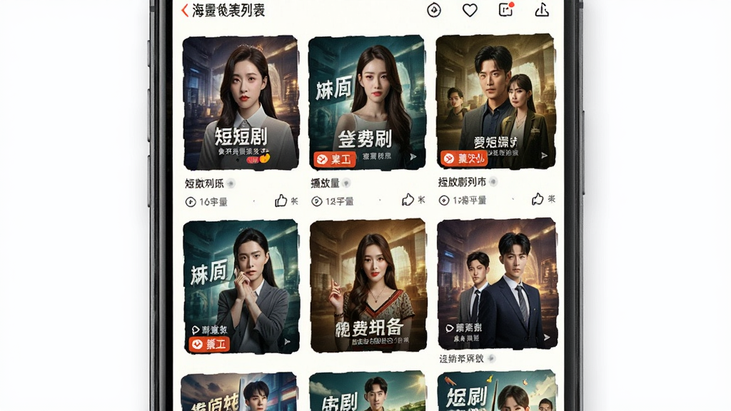 免费刷短剧领红包海量短剧列表界面,主体为手机屏幕展示多部短剧封面网格排列,布局为三列瀑布流,排版整齐有序,风格为明亮活泼的娱乐App风格,细节包含短剧标题、集数标签、播放量图标,画质高清干净无多余元素
