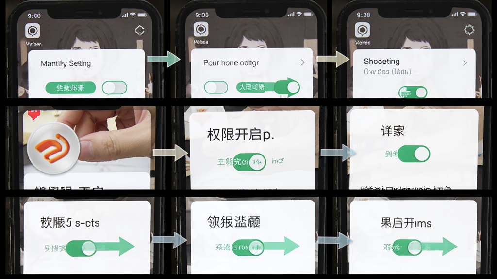免费刷短剧领红包安装权限设置操作指引图,主体为手机屏幕展示权限开启界面,布局为分步截图排列,排版为从上到下三个步骤,风格为教程图解风格,细节包含设置图标、开关按钮、箭头指示,画质清晰干净无多余元素