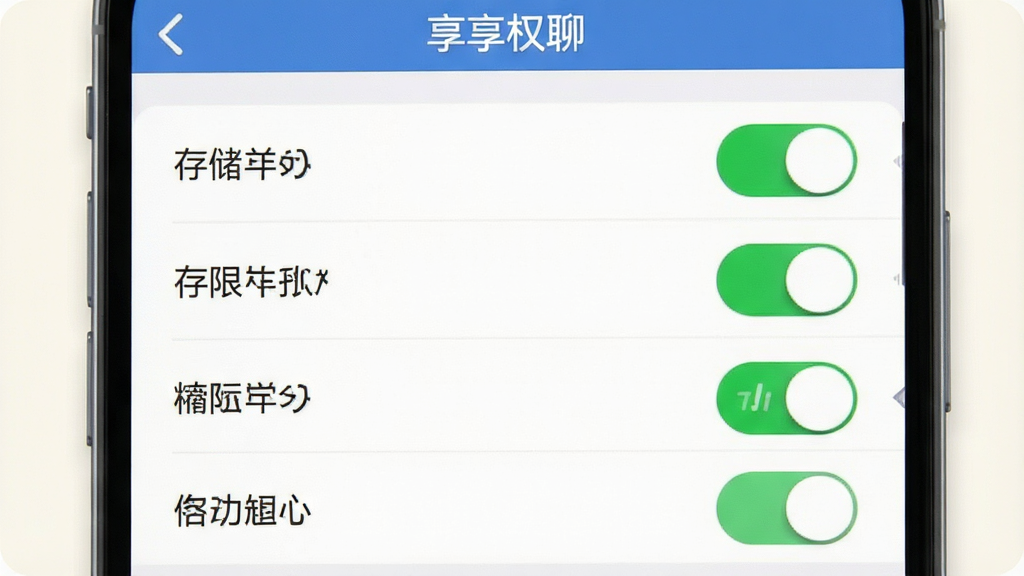 一张手机操作示意图,画面展示享聊的权限设置页面,屏幕上有多个权限开关,其中存储和麦克风开关呈绿色开启状态,背景为浅色,布局清晰,风格写实,细节干净,画质清晰,无多余元素
