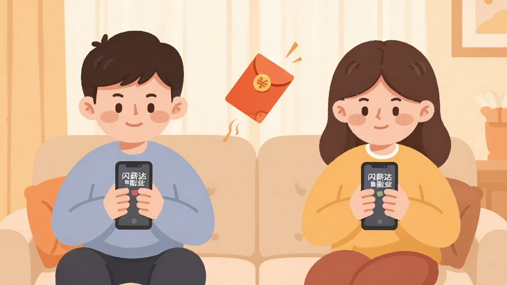 一张温馨的社交场景插画,主体为两个卡通人物坐在沙发上各自看手机,手机屏幕均显示“闪薪达副业”界面,布局为左右对称构图,风格温暖扁平,细节上两人之间有一个红包飘浮,画质柔和,干净,无多余元素