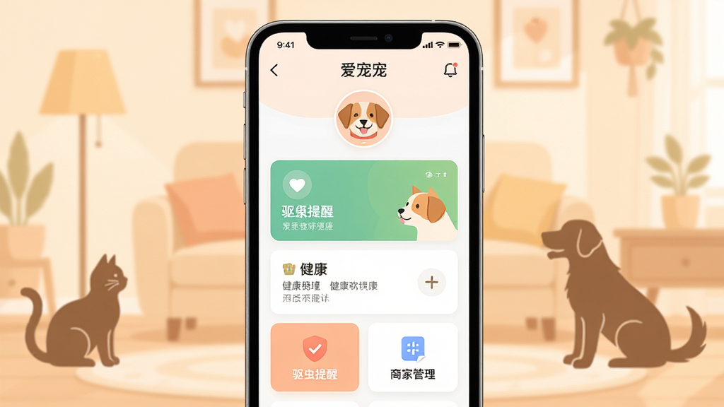 爱宠宠软件主界面全貌展示,画面中央放置一部智能手机,手机屏幕上显示爱宠宠应用首页,包含宠物头像、健康卡片、驱虫提醒和商家管理入口等模块,背景为温馨的浅暖色调客厅环境,有猫和狗的剪影作为装饰元素,整体采用扁平化UI风格,布局居中对称,色彩柔和干净,画质清晰,无多余元素