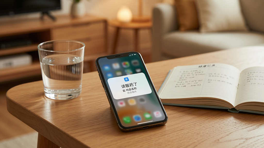 一部手机放置在木质桌面上,屏幕亮起显示“乐松”APP的提醒弹窗,弹窗内写着“该服药了”和药品名称。手机旁边放着一杯水和一本打开的健康记录本,背景是温馨的家居环境,采用写实摄影风格,光线柔和温暖,画面干净,突出手机屏幕内容,画质高清。