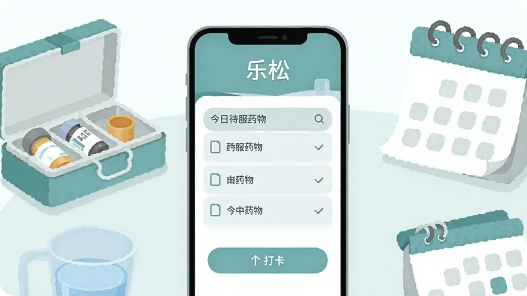 画面中央是一部智能手机,手机屏幕上显示“乐松”APP的用药提醒界面,界面顶部有“乐松”文字标识,下方排列着今日待服药物清单和打卡按钮。手机周围环绕着药盒、水杯和日历等元素,整体采用扁平化插画风格,色调以柔和的蓝绿色和白色为主,背景干净整洁,光线明亮,画质清晰,无多余装饰元素。