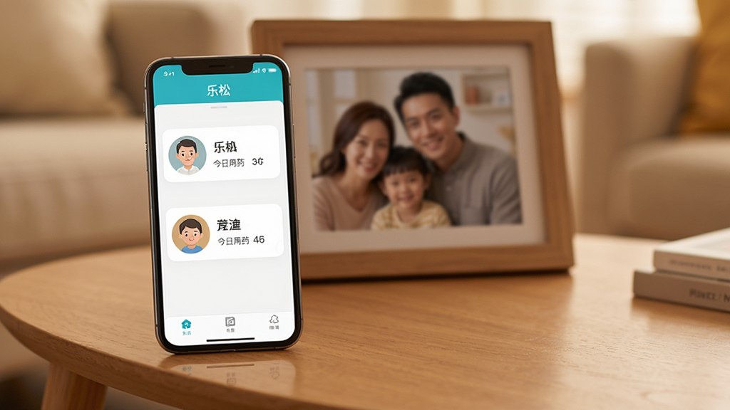 手机屏幕展示“乐松”APP的多用户档案切换界面,界面上有三个头像图标分别代表不同家庭成员,每个头像旁有姓名和今日用药状态。手机放在客厅茶几上,背景是模糊的家庭合影相框,采用温馨生活风格,色调温暖,画质清晰,无杂乱元素。