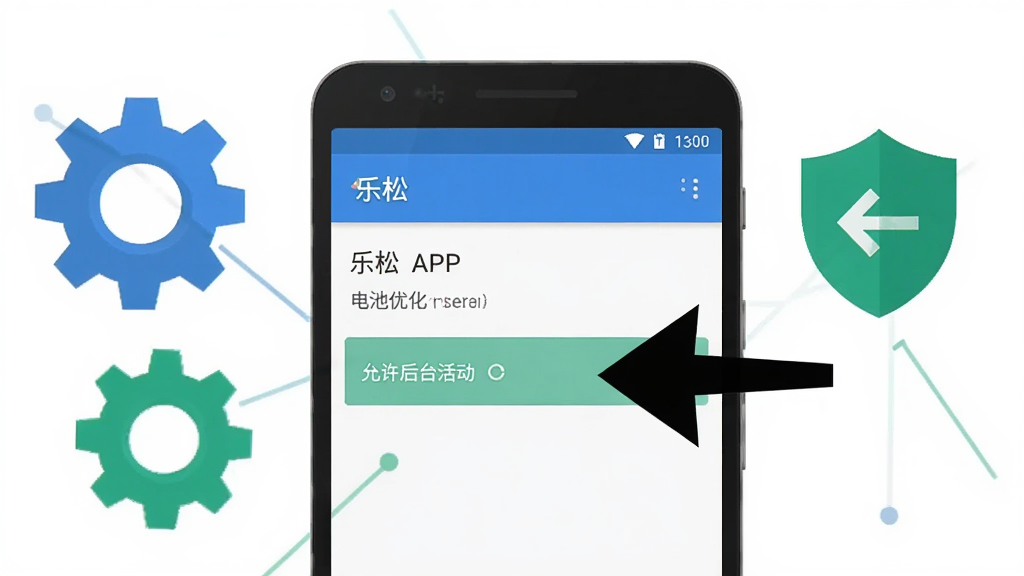 一部安卓手机屏幕显示“乐松”APP的电池优化设置页面,旁边有箭头指向“允许后台活动”选项,手机周围有齿轮和盾牌图标象征设置与安全,采用扁平化信息图风格,色调以蓝色和绿色为主,背景简洁,画质清晰,突出操作指引。