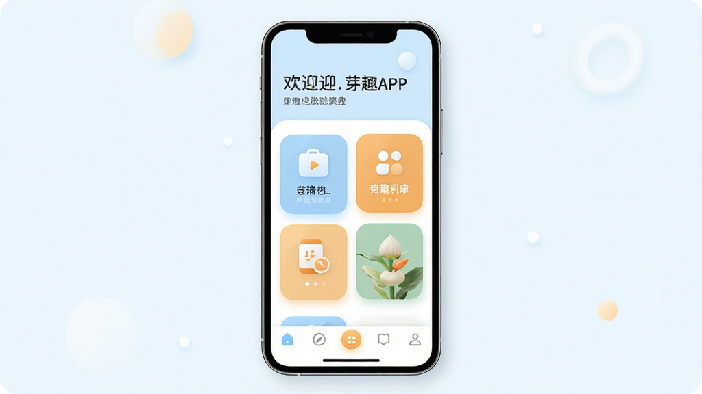 芽趣手机应用界面展示,主体为一部竖屏智能手机,屏幕内呈现芽趣APP首页,布局包含顶部欢迎语、中间功能卡片和底部导航栏,排版简洁清晰,风格为现代扁平化设计,细节包括圆角图标、柔和阴影、淡蓝色与暖橙色搭配,画质高清,干净,无多余元素