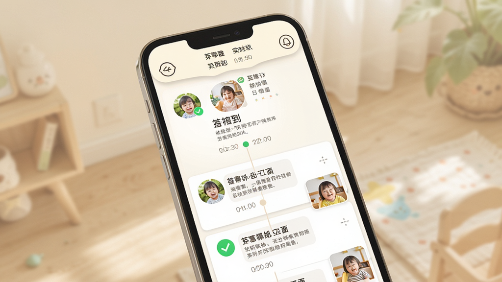 芽趣APP实时动态界面,主体为手机屏幕显示孩子签到照片与时间轴,布局为上下滚动信息流,排版包含头像、文字说明与缩略图,风格清新温暖,细节有绿色对勾图标、时间戳、柔和背景,画质高清,干净,无多余元素