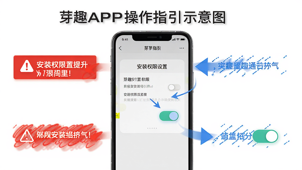 芽趣APP操作指引示意图,主体为手机屏幕展示安装权限设置界面,布局为上下步骤说明,排版包含开关按钮与文字提示,风格简约直观,细节有红色警示框、蓝色高亮箭头,画质高清,干净,无多余元素