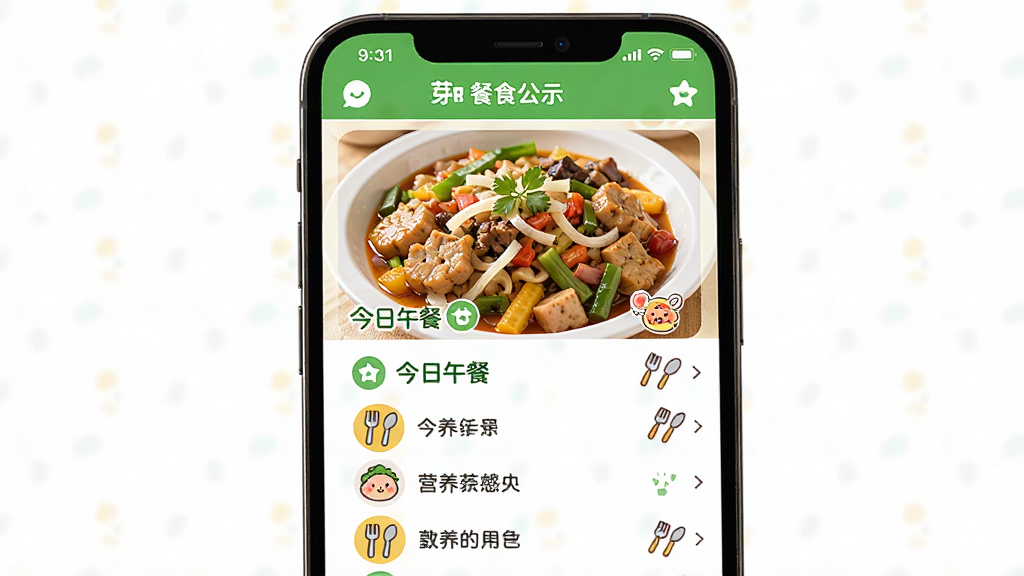 芽趣APP餐食公示页面,主体为手机屏幕显示今日午餐照片与菜单列表,布局为图片在上文字在下,排版整齐,风格明快活泼,细节有食物特写、营养标签、卡通餐具图标,画质高清,干净,无多余元素