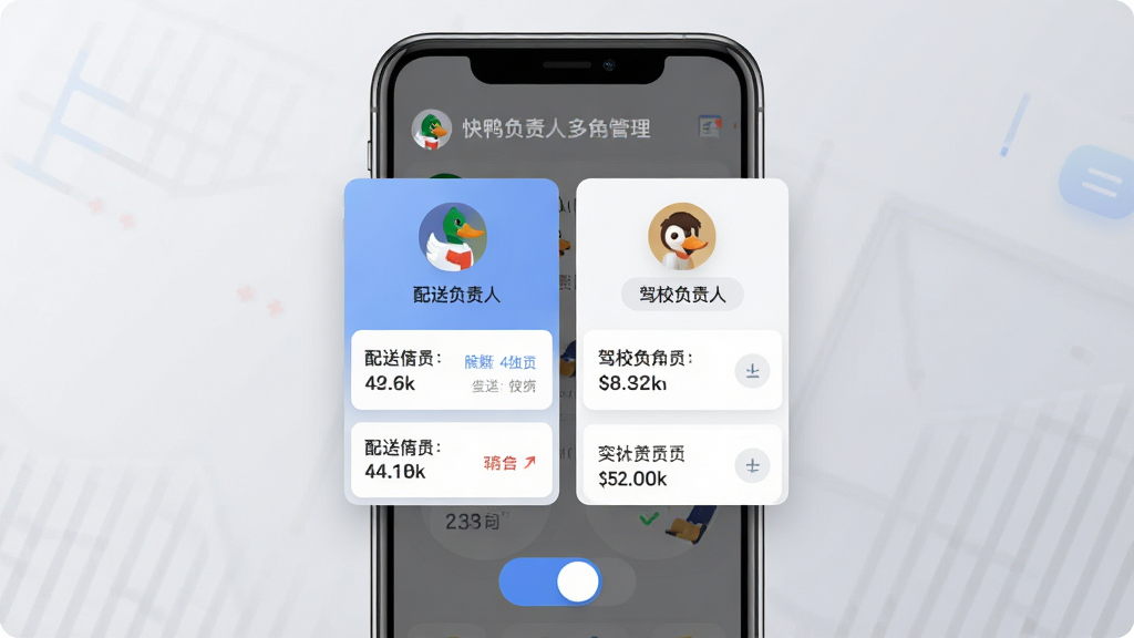 一张展示快鸭负责人多角色管理面板的界面截图风格图片,画面主体是手机屏幕,屏幕上清晰展示配送负责人和驾校负责人两个角色卡片的切换界面,卡片上有对应的图标和数据摘要,背景为浅灰色渐变,风格简洁现代,细节包括角色图标、数据小卡片和切换按钮,画质清晰,无杂乱元素