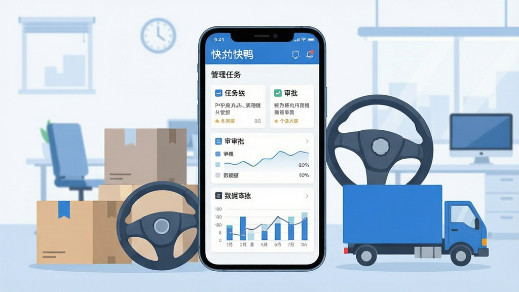 一张展现移动办公管理场景的图片,画面中央是一部智能手机,屏幕上显示着快鸭负责人的管理仪表盘界面,包含任务卡片、审批列表和数据图表,手机周围环绕着配送箱、驾校方向盘、物流货车等元素,背景是简洁的办公室环境,整体采用扁平化插画风格,色调以蓝色和白色为主,画面干净整洁,无多余装饰元素,画质清晰,适合作为软件下载页预览图