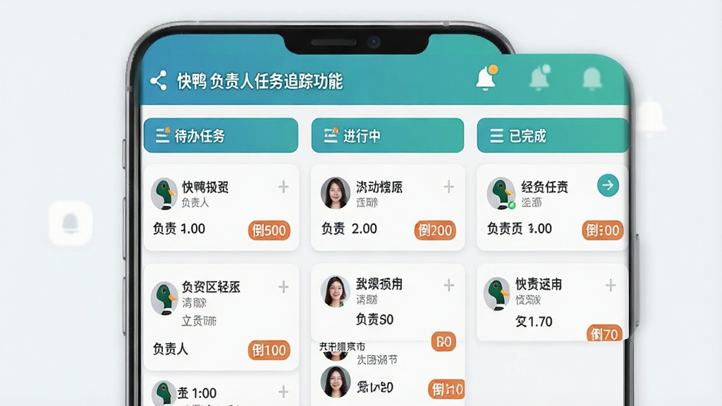 一张展示快鸭负责人任务追踪功能的图片,画面以手机界面为主,屏幕上显示任务看板,分为待办、进行中、已完成三列,每列有若干任务卡片,卡片上有任务名称、负责人头像和倒计时标签,界面顶部有通知提醒图标,整体风格清爽,配色以蓝绿为主,画质干净,适合软件功能介绍配图