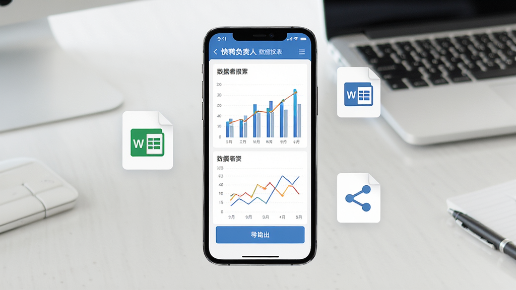 一张展示快鸭负责人数据报表导出功能的图片,画面中心是一部手机,屏幕上显示着柱状图和折线图组成的数据看板,下方有导出按钮,手机旁边漂浮着表格文件图标和分享图标,背景为浅色办公桌面,风格商务简洁,画质清晰,无多余元素