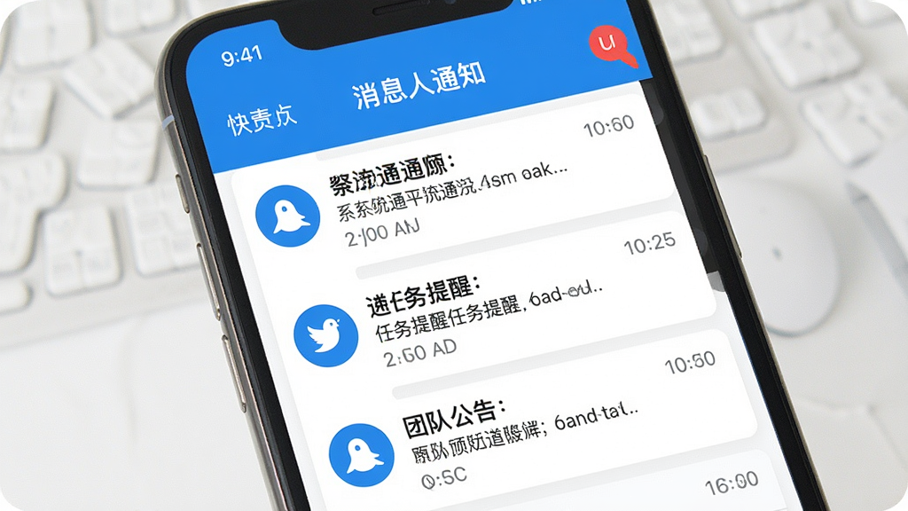 一张展示快鸭负责人消息通知界面的图片,画面主体为手机屏幕,屏幕上显示消息列表,包含系统通知、任务提醒和团队公告三类条目,每条通知有对应图标和时间戳,界面顶部有未读消息角标,整体风格简洁明快,配色以白色和蓝色为主,画质清晰干净