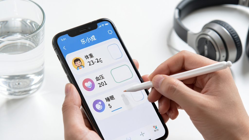 手机屏幕特写,屏幕中“乐小成”应用的数据记录页面清晰可见,页面上有体重、血压、睡眠等图标和数字输入框。一只手正拿着触控笔点击屏幕。背景为干净的白色桌面,旁边放着一杯水和一副耳机。风格简洁明快,画质细腻,无杂乱元素。