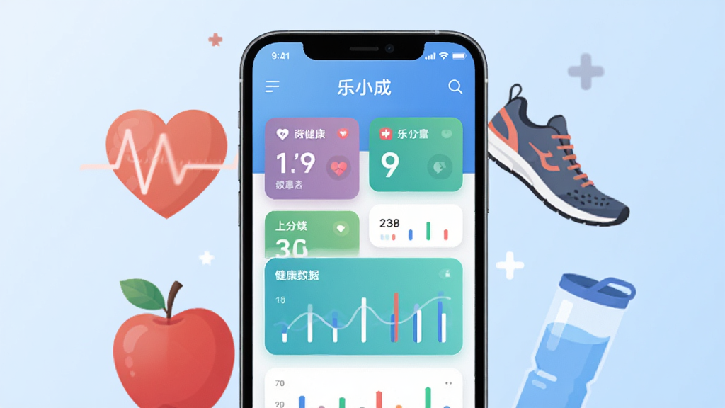 画面中央展示一部智能手机,手机屏幕上显示“乐小成”应用的首页界面,界面包含健康数据卡片和图表。手机周围环绕着抽象的健康元素,如心率线、苹果、跑鞋和水杯。背景为柔和的浅蓝色渐变。整体风格清新现代,扁平化设计。细节清晰,画质干净,无多余元素。