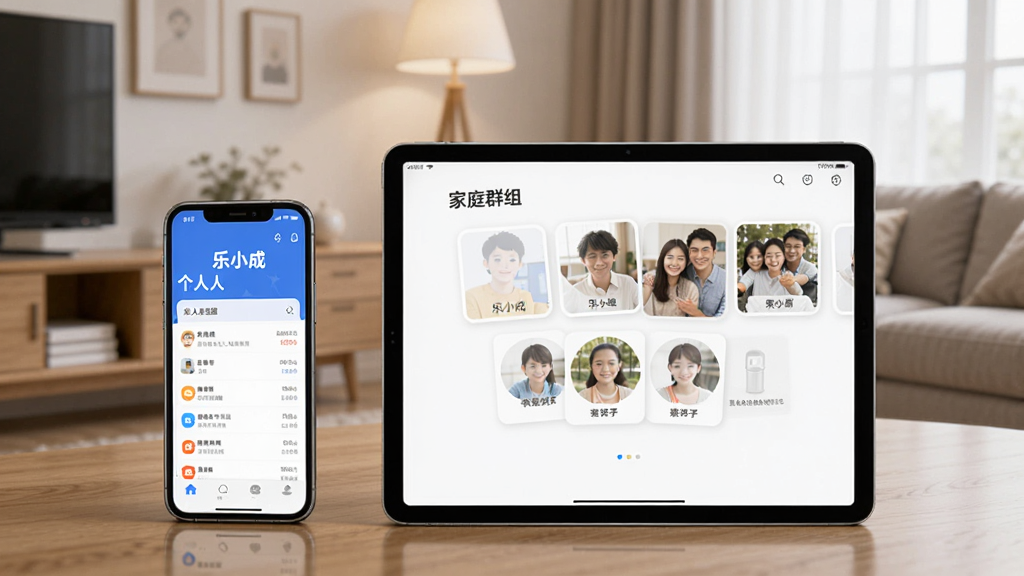 一部手机和一台平板电脑并排放在桌面上,两个设备屏幕都显示“乐小成”应用界面,手机显示个人数据,平板显示家庭群组。背景是温馨的客厅一角。风格现代家居,画质清晰,无杂乱元素。