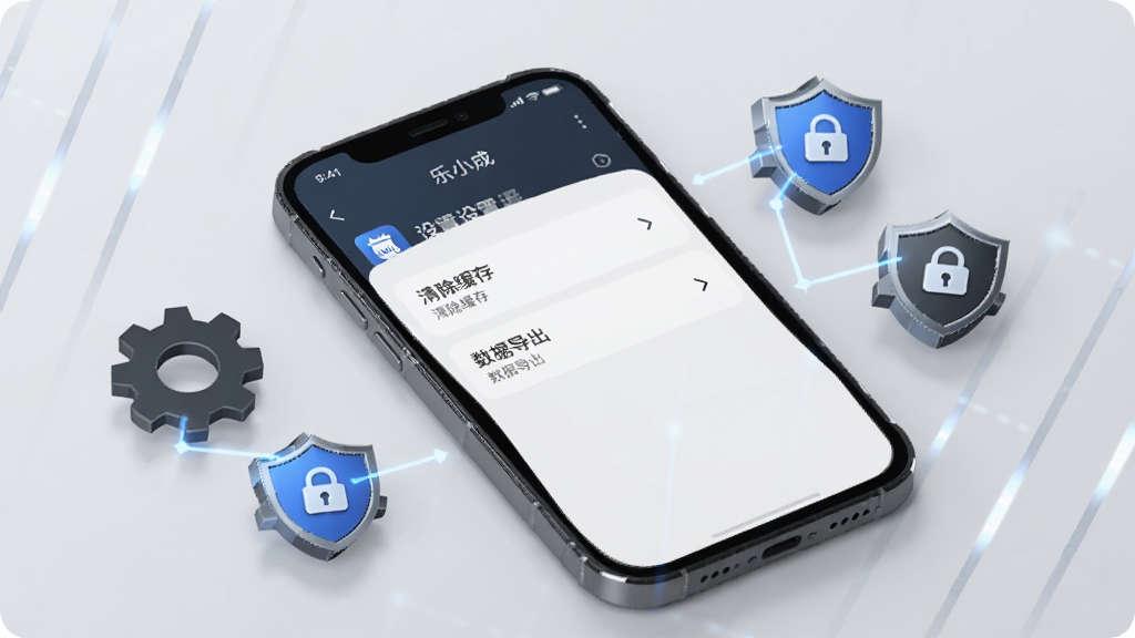 一部手机屏幕显示“乐小成”应用的设置页面,页面中有“清除缓存”、“数据导出”等选项。手机周围散落着几个齿轮图标和盾牌图标,象征设置与安全。背景为浅灰色。风格简约科技感,画质清晰,无多余元素。