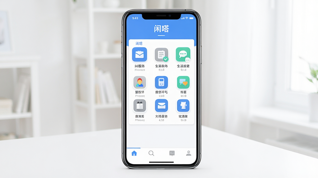 闲嗒软件主界面全貌展示,手机屏幕居中摆放,界面干净清爽,顶部显示“闲嗒”名称,中部排列多个生活服务功能图标,底部导航栏清晰,整体采用蓝白配色,扁平化设计风格,画面简洁明亮,高清画质,无多余元素