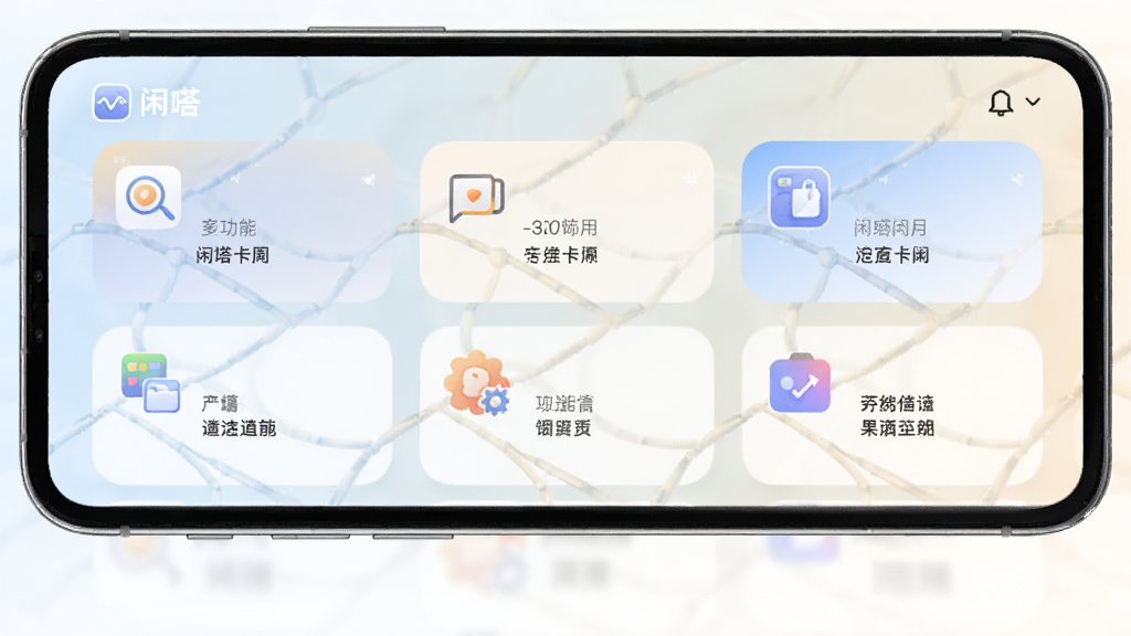 闲嗒应用内多功能卡片式布局展示,手机屏幕中显示多个功能卡片整齐排列,卡片带有图标和文字说明,背景为浅色渐变,界面风格统一,细节清晰,画质干净,突出“闲嗒”品牌标识