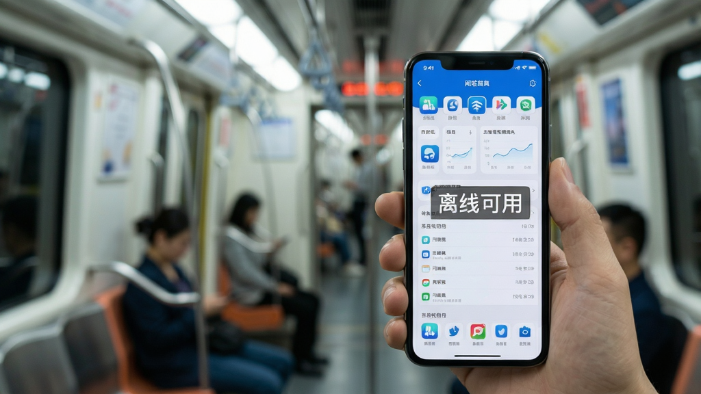 闲嗒离线使用场景展示,手机屏幕显示应用界面并带有“离线可用”文字标识,背景为地铁或电梯环境虚化处理,画面突出手机和界面,风格写实,画质清晰,无多余装饰
