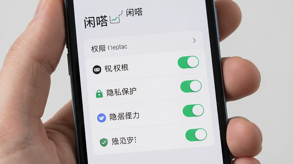 闲嗒隐私权限说明界面展示,手机屏幕显示权限列表和开关按钮,界面设计简洁透明,背景为浅灰色,突出“闲嗒”对隐私保护的重视,画面干净整洁,高清画质