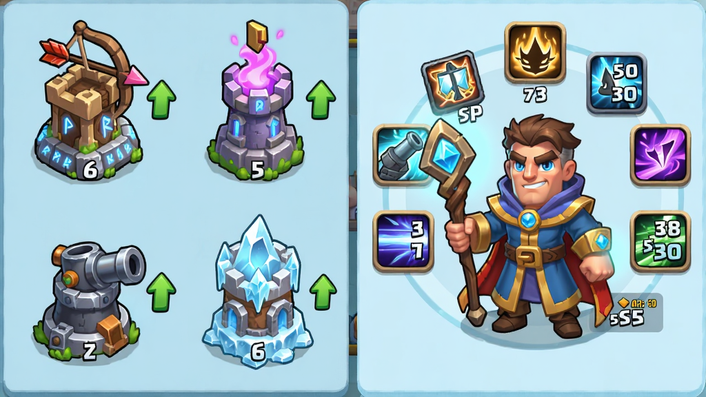 һ��չʾCastle Defenders Clash��Ϸ�з�������Ӣ�����ɽ���Ĳ�ͼ��������������Ź�������ħ�����������ͱ��������ַ���������ÿ�����Ա���ʾ������ͷ�͵ȼ����֣������Ҳ���һλ�ֳַ��ȵ�Ӣ�۽�ɫ����Χ�����ż���ͼ���������ֵ�����ֲ������ҷ����Ű棬���Ϊ��������Ŀ�ͨUI���ϸ�ڰ�����¥�ϵķ��Ĺ�Ч��Ӣ�۵ķ��ȱ�ʯ���⡢����ͼ�����ɫ���֣����ʸ��壬����ɾ����޶���װ��Ԫ��