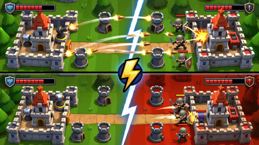 һ�����Castle Defenders Clashʵʱ��ս�����Ĳ�ͼ�������Ϊ���������֣��ϰ벿���Ǽ����Ǳ��ͷ��������ڵ������˽������°벿���Ƕ��ֳǱ��ķ��ز��֣��м�������ͼ���ʾ��ս���ӣ����ֲ������¶Գ��Ű棬���Ϊ����ʮ��Ŀ�ͨ�������ϸ�ڰ���������������ӵ��켣�����˱����˵Ķ���Ч����˫���Ǳ���Ѫ����ʾ������������ɫ�ʶԱ�ǿ�ң��޶�������Ԫ��