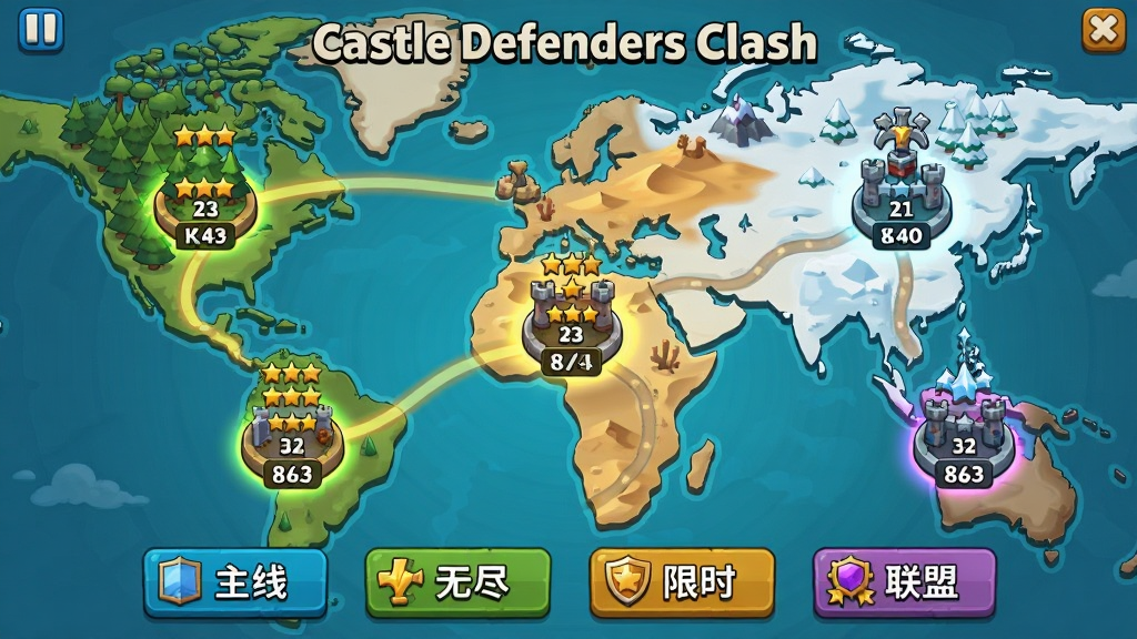 һ��չʾCastle Defenders Clash��Ϸ�ؿ�ѡ�����Ĳ�ͼ�������������ͼΪ��������ͼ�Ϸֲ��Ų�ͬ����Ĺؿ��ڵ㣬��ɭ�֡�ɳĮ��ѩ�صȣ�ÿ���ڵ���ʾ�Ǽ����ۺ͹ؿ���ţ������·���ģʽ�л���ť���������ߡ��޾�����ʱ�����ˣ����ֲ��þ����Ű棬���Ϊ��ͨð�յ�ͼ���ϸ�ڰ�����ͼ�ϵ�·���������ؿ��ڵ�ķ���Ч����ģʽ��ť��ͼ����ƣ�����ϸ�壬�������࣬�޶���Ԫ��