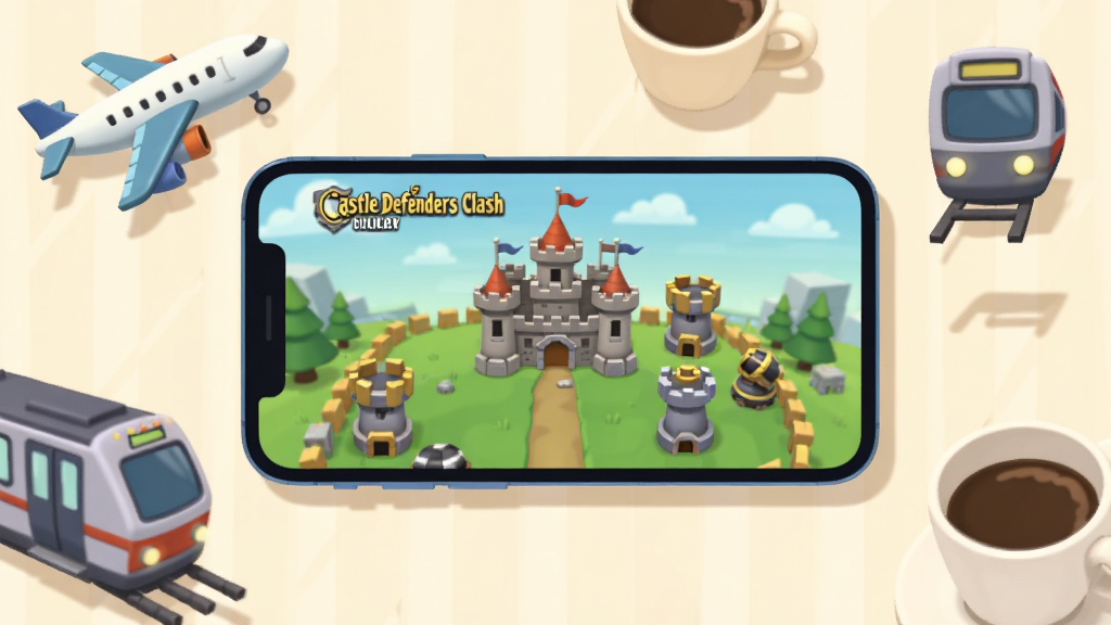 һ������Castle Defenders Clash�������泡���Ĳ�ͼ��������һ�������ֻ�������ʾ��Ϸ���棬�ֻ���Χ�зɻ������������ȱ�������Ԫ�ػ��ƣ���ʾ��ʱ��ؿ������棬���ֲ������Ĺ�ͼ�����Ϊ��Լ����廭���ϸ�ڰ����ֻ���Ļ�ϵĳǱ��ͷ���������ΧԪ�ص������Ӱ������ɫ����ů���ʣ���������������ɾ����޶���װ��
