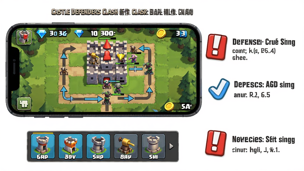 һ��չʾCastle Defenders Clash���ֲ�������Ĳ�ͼ���������ֻ���Ļ��ʾ��Ϸ�����棬�·��з�����ѡ�����ͽ����ʯ�������м��ǳǱ��͵��˽���·�ߣ������Ա��ú�ɫ��̾�ź���ɫ�Թ���עע��������ֲ����ֻ�����ӱ�ע���Ű淽ʽ�����Ϊ�̳�˵������Ϣͼ��ϸ�ڰ���������ͼ�ꡢ��Դ��ֵ��·�߼�ͷ����������������ɾ����޶�������Ԫ��