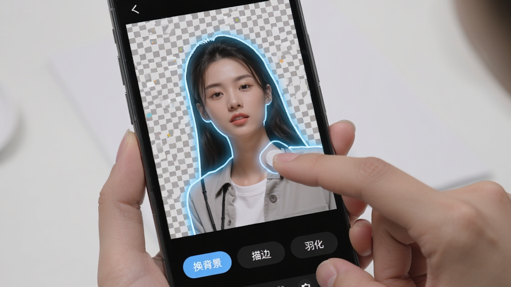 美图修修软件智能抠图功能演示,画面中一只手正在手机上涂抹人物轮廓,人物边缘被高亮显示,背景自动变为透明棋盘格,屏幕下方出现“换背景”“描边”“羽化”按钮,整体风格简洁科技感,手机界面清晰,画质干净无多余元素